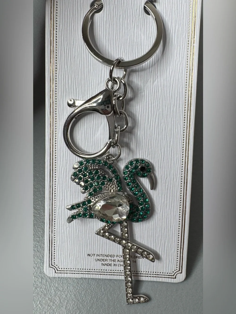 Crystal-Embellished Green Flamingo Keychain purse charm crystals zoo animal love